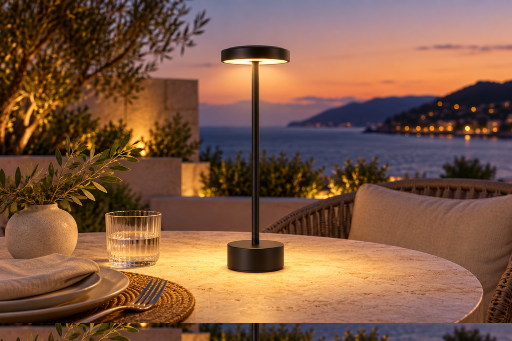 Cordless lamp on an outdoor terrace