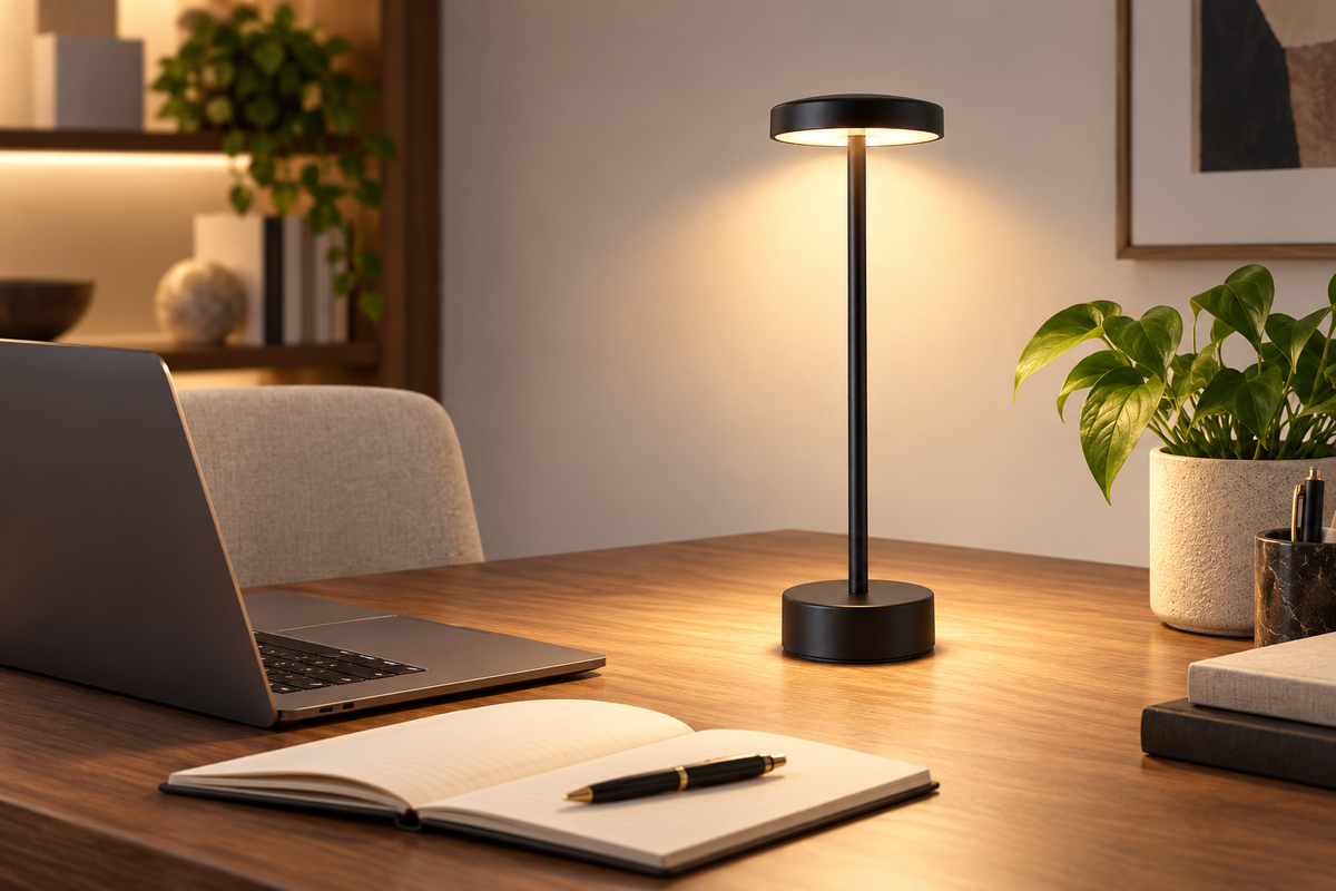 Cordless lamp lighting a home-office desk