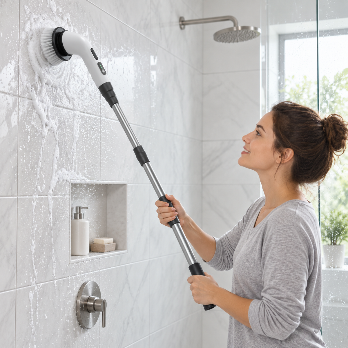 Cordless electric spin scrubber cleaning a tiled shower wall