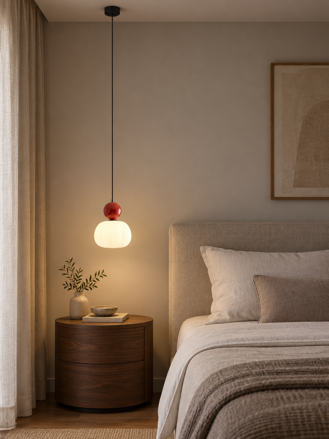 Nordic pumpkin pendant with visible ceiling mount beside a bed