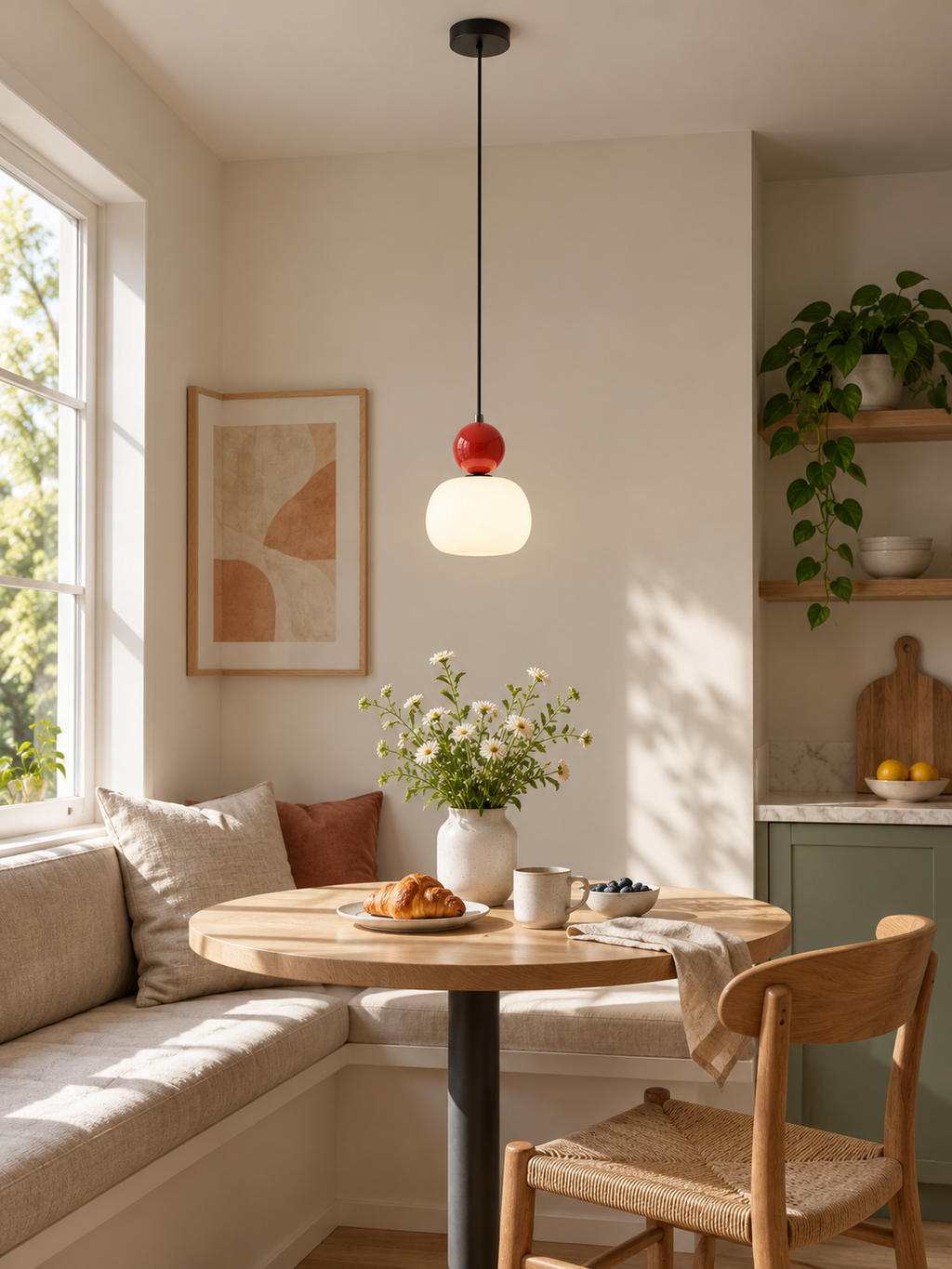 Nordic pumpkin pendant with full ceiling connection over a breakfast table