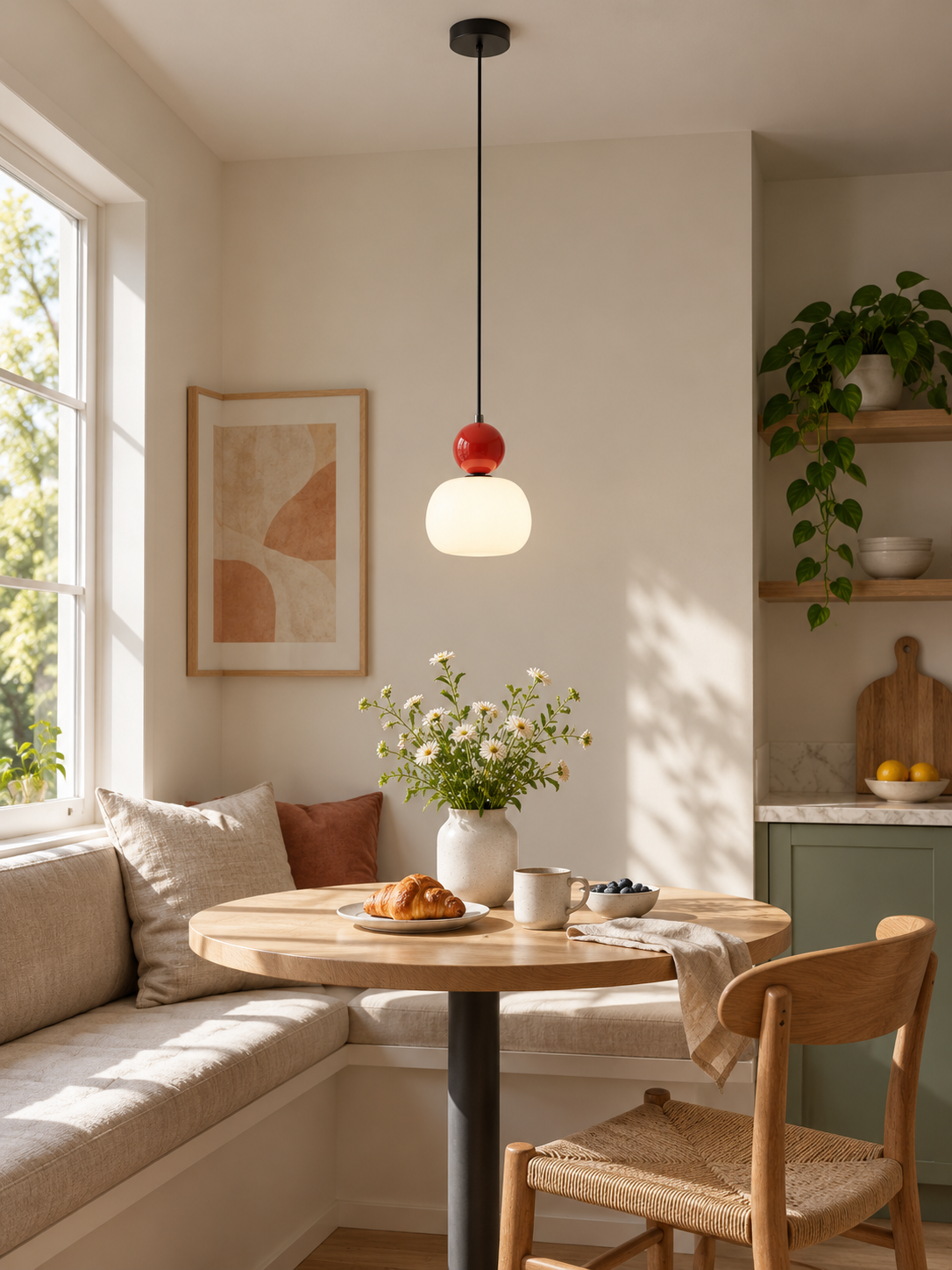 Nordic pumpkin pendant with full ceiling connection over a breakfast table