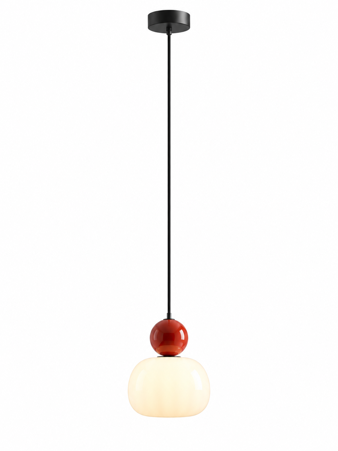 Nordic red and white pumpkin pendant with full ceiling canopy and cord on white background