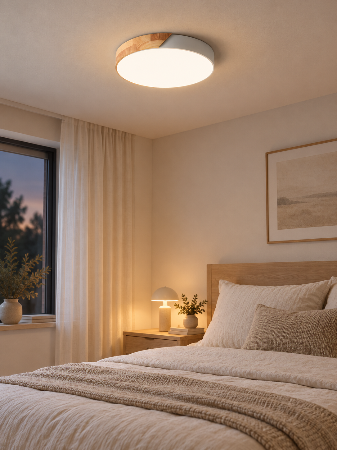 Nordic wood LED ceiling light in a serene bedroom