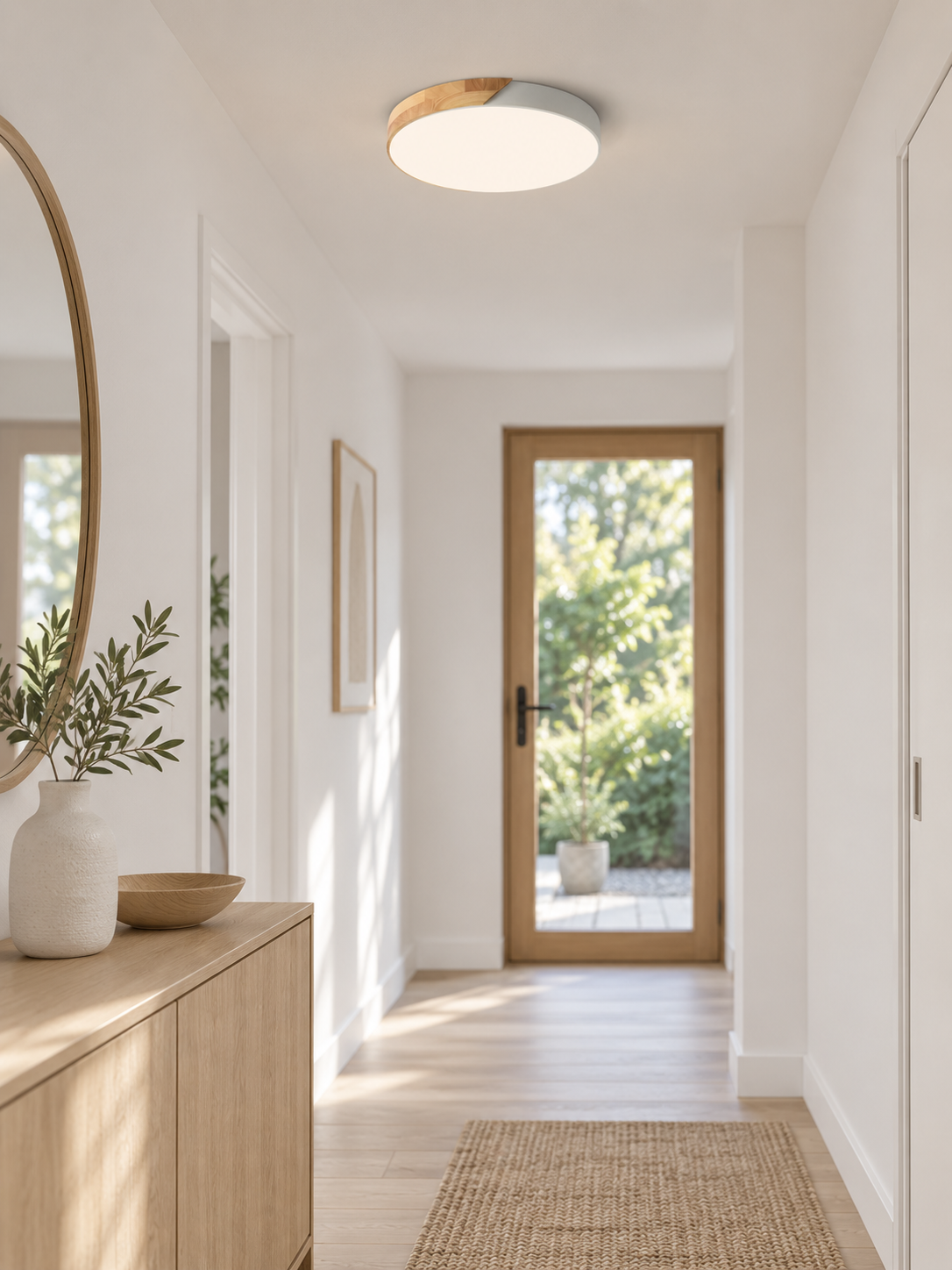 Nordic wood LED ceiling light in a bright hallway