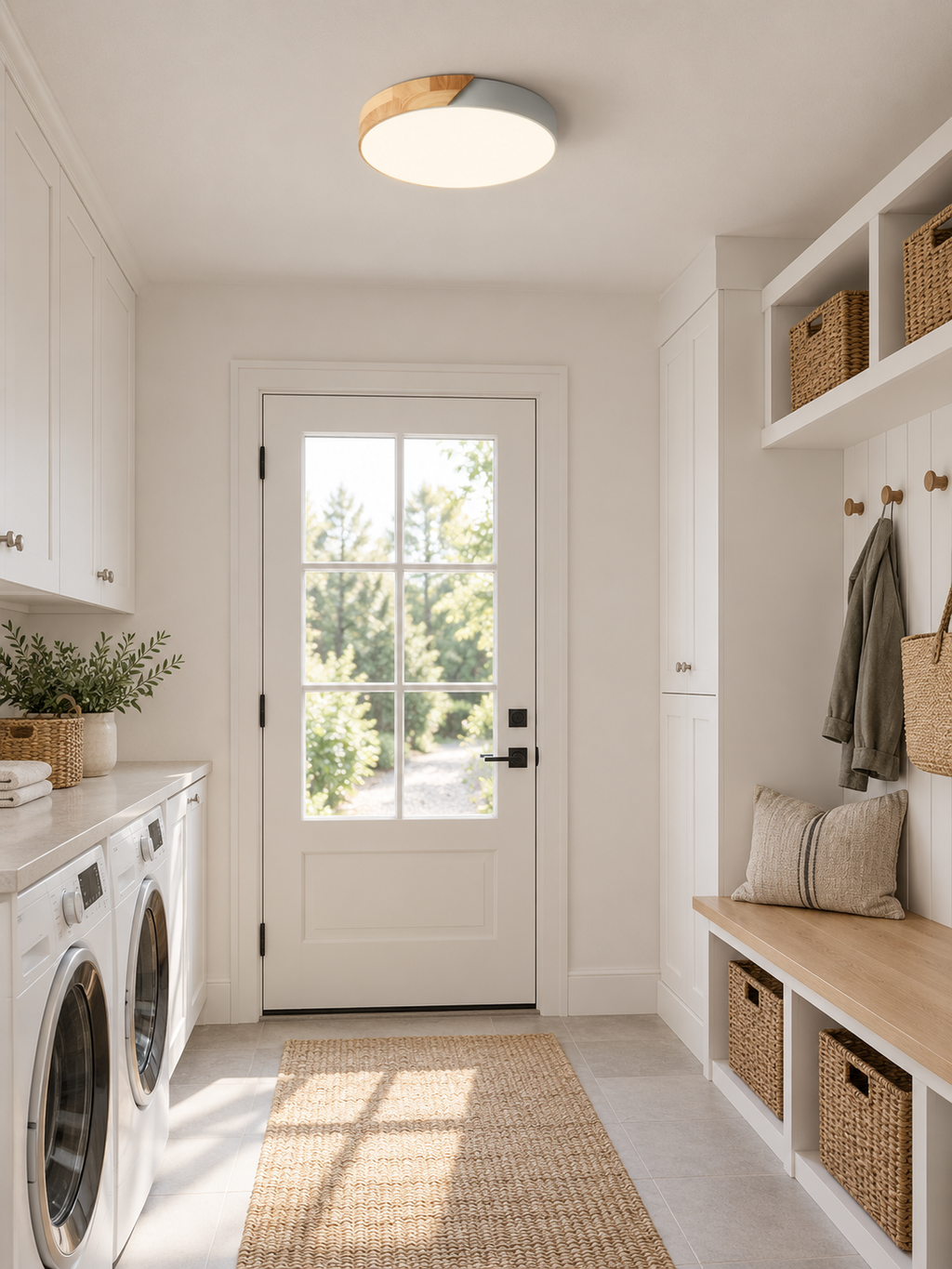 Nordic wood LED ceiling light in a Scandinavian mudroom
