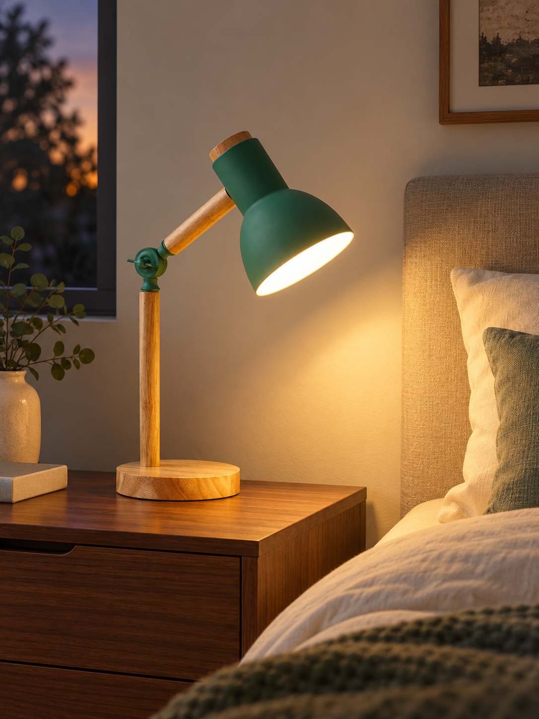 Nordic wooden desk lamp on a modern bedside table