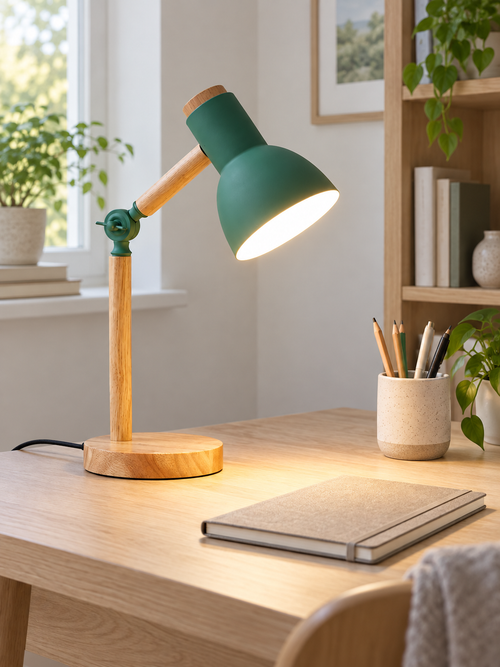 Nordic wooden desk lamp in a Scandinavian home office