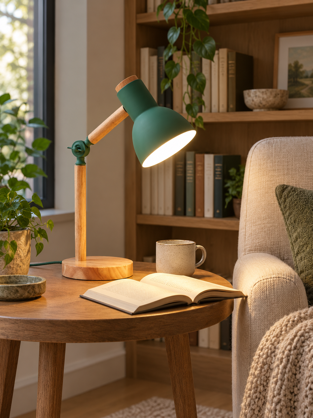 Nordic wooden desk lamp in an organic reading nook