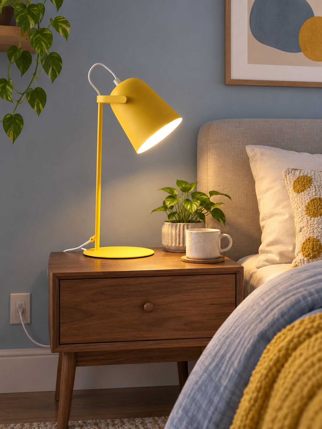 Mustard yellow Nordic desk lamp on a walnut bedside table