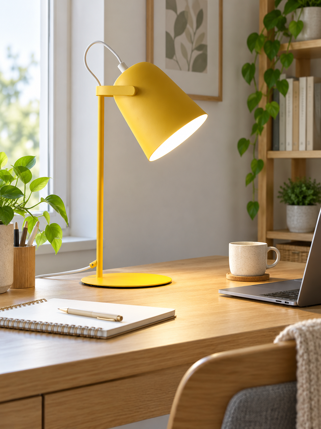 Mustard yellow Nordic desk lamp in a Scandinavian home office