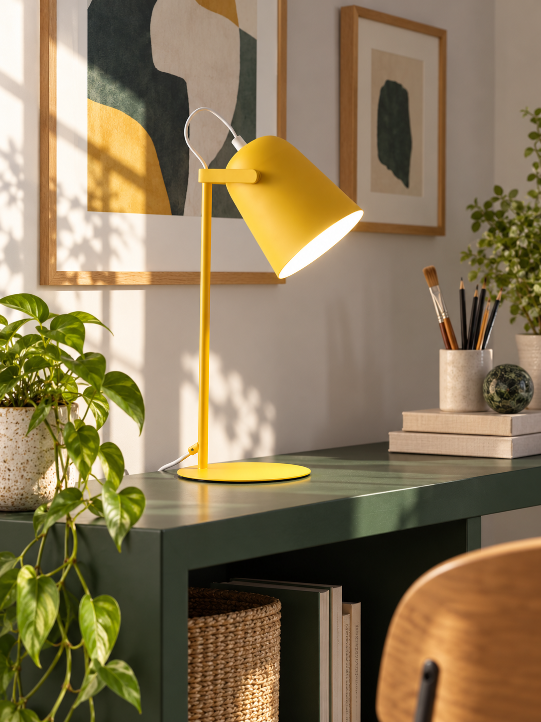 Mustard yellow Nordic desk lamp in a creative studio