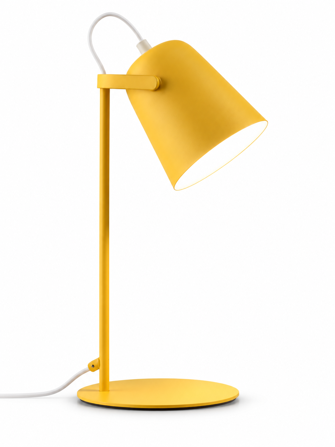 Mustard yellow Nordic metal LED desk lamp on white background