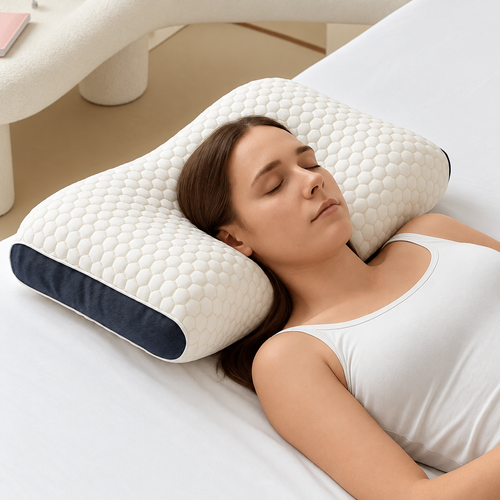 Back sleeper resting on a white honeycomb ergonomic neck pillow