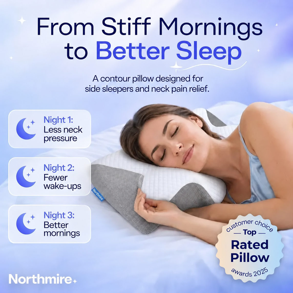 Side sleeper resting on a Northmire contour pillow