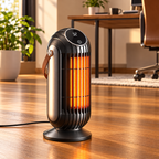 Black desktop ceramic heater with carry strap behind the body in a home office