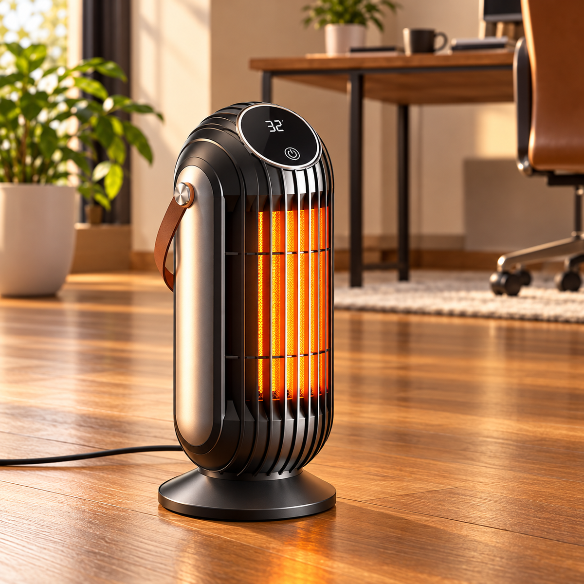 Black desktop ceramic heater with carry strap behind the body in a home office