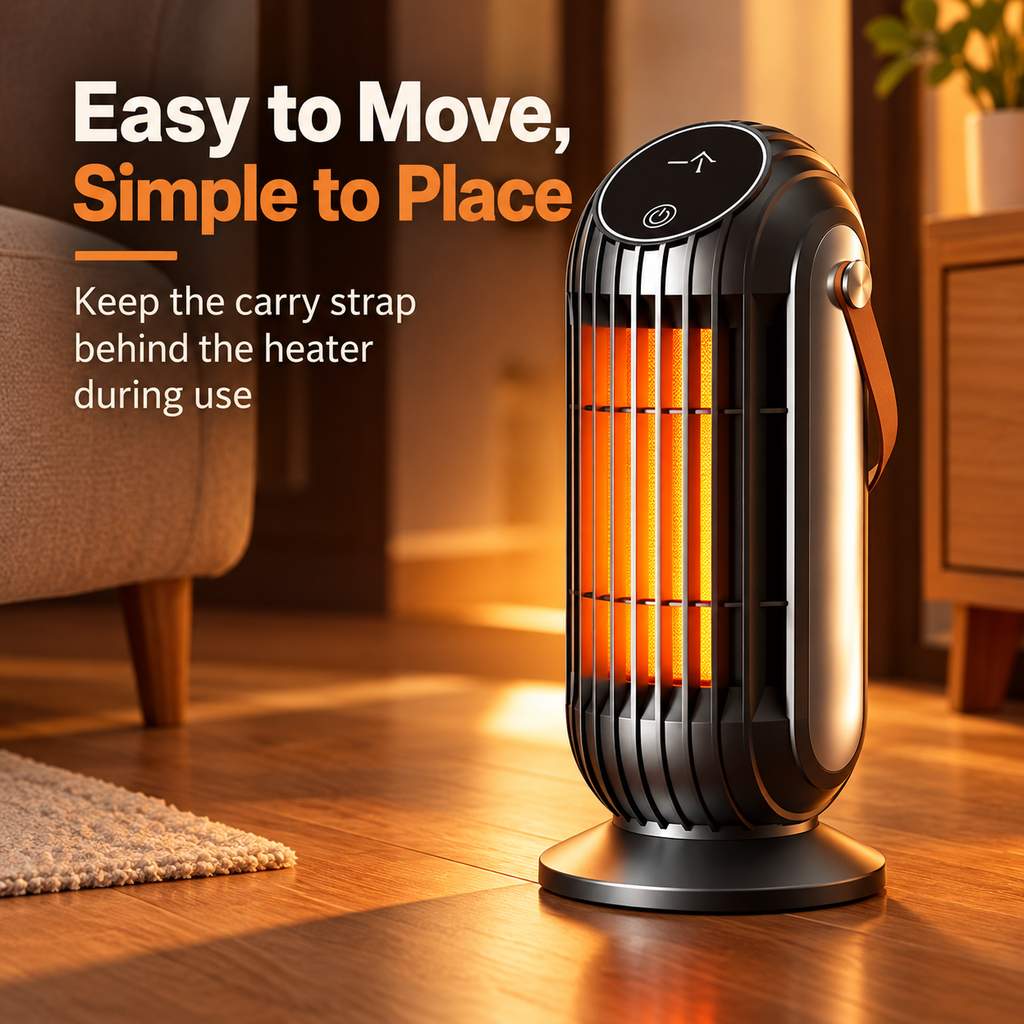 Desktop heater feature image showing carry strap placement behind the unit