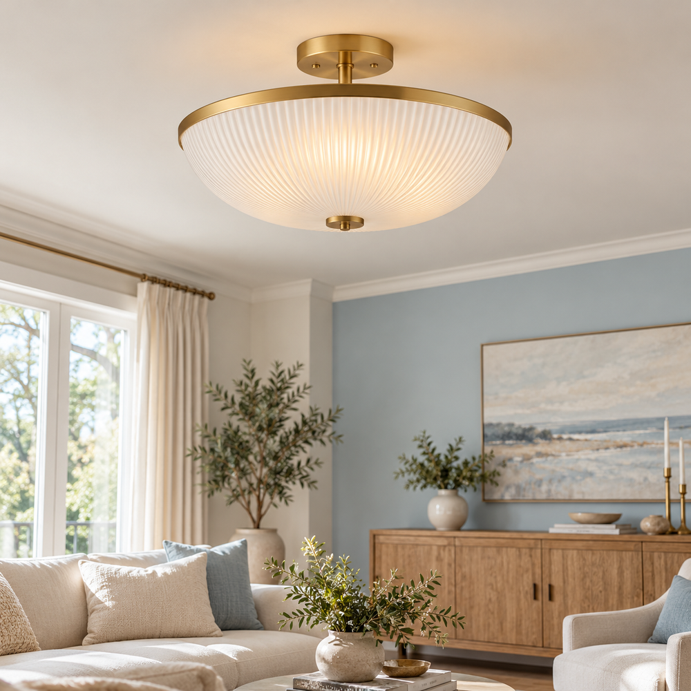 Brass and ribbed glass semi-flush ceiling light in an airy living room