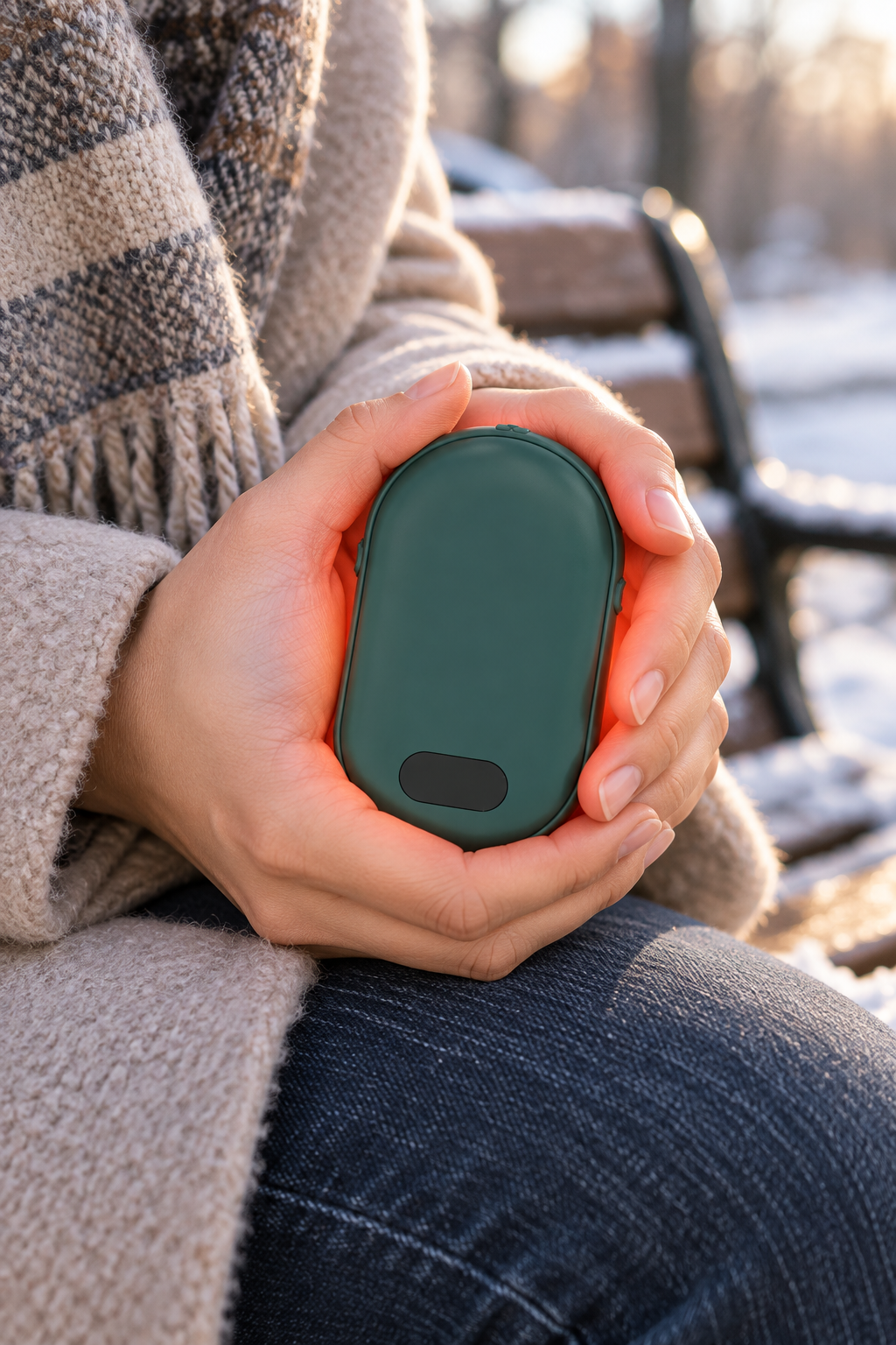 Rechargeable hand warmer held during a winter park break