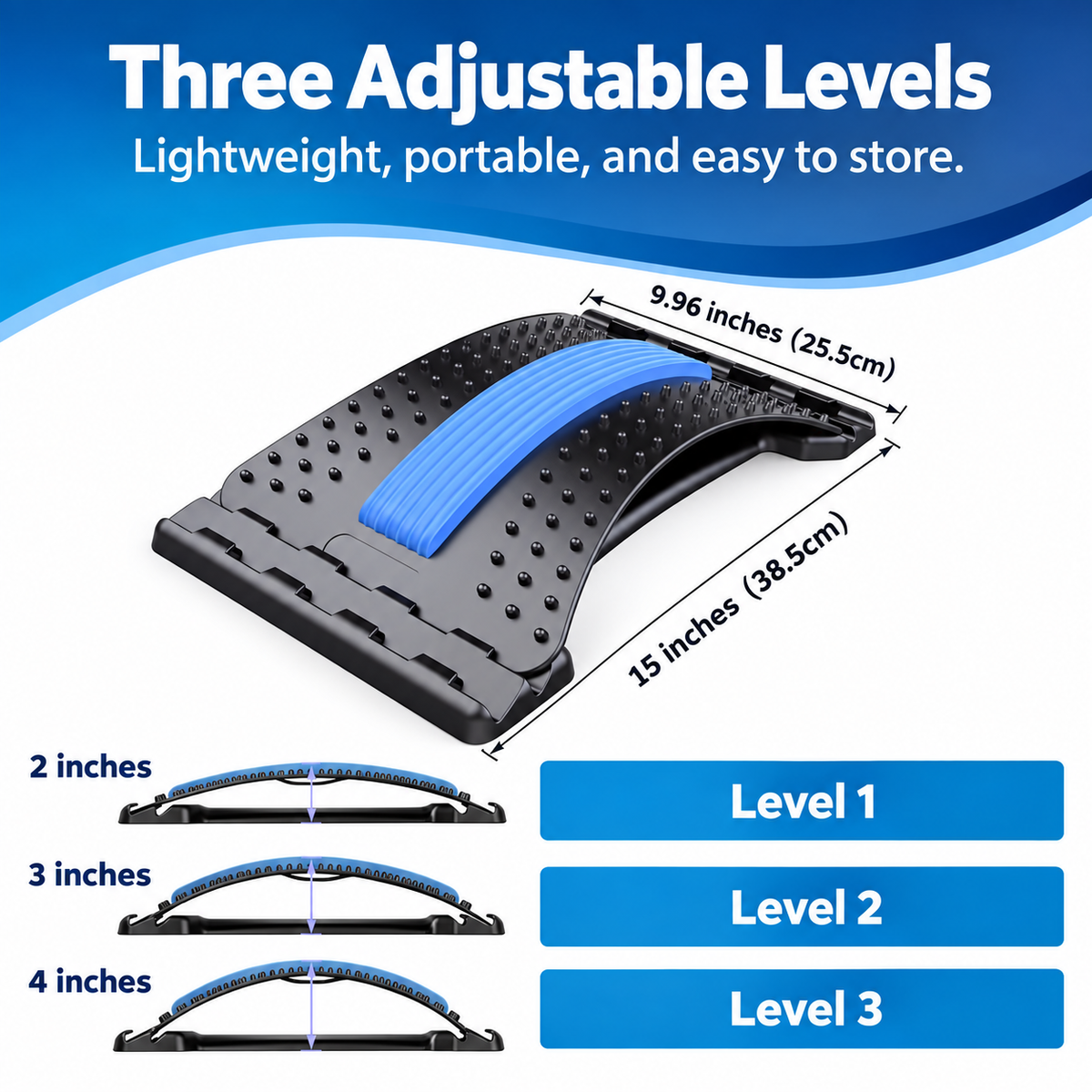 Back stretcher feature graphic with clear English text