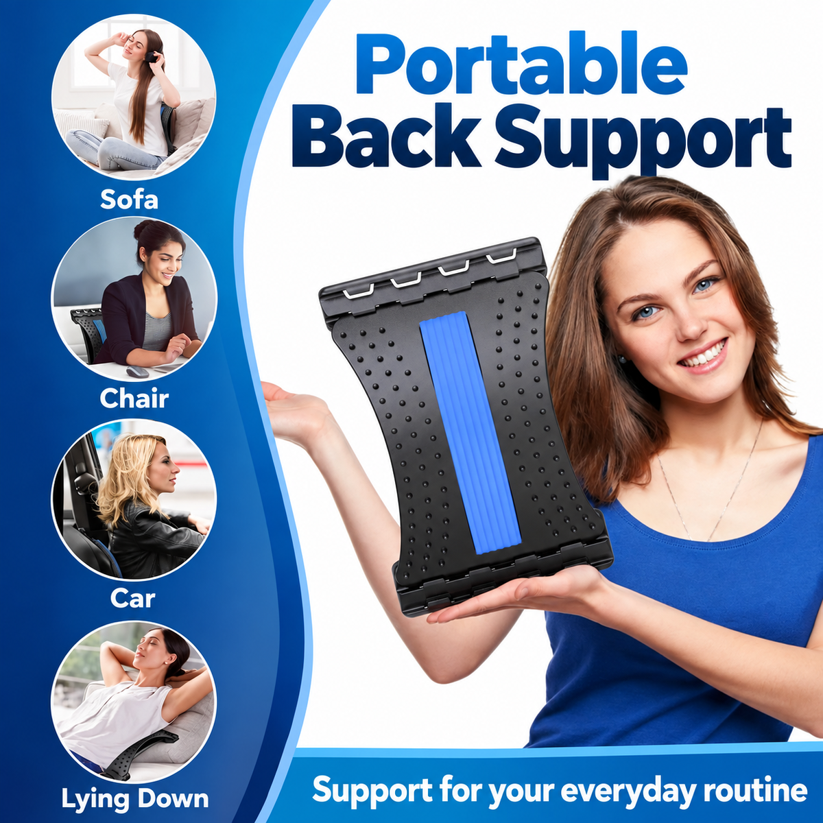 Back stretcher feature graphic with clear English text
