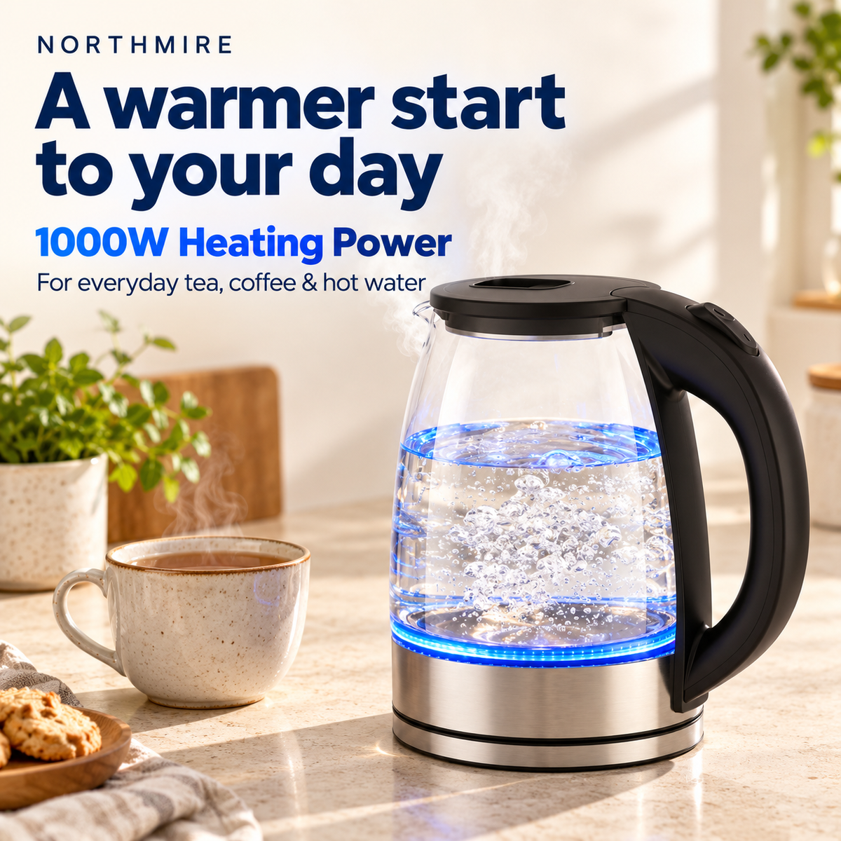 Electric kettle specification image showing 1000W heating power
