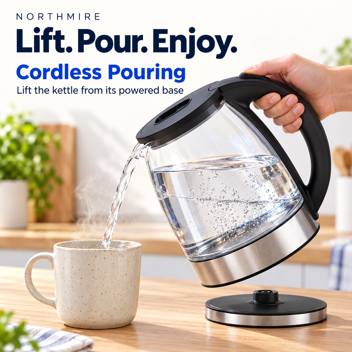 Electric kettle specification image showing cordless pouring from its powered base