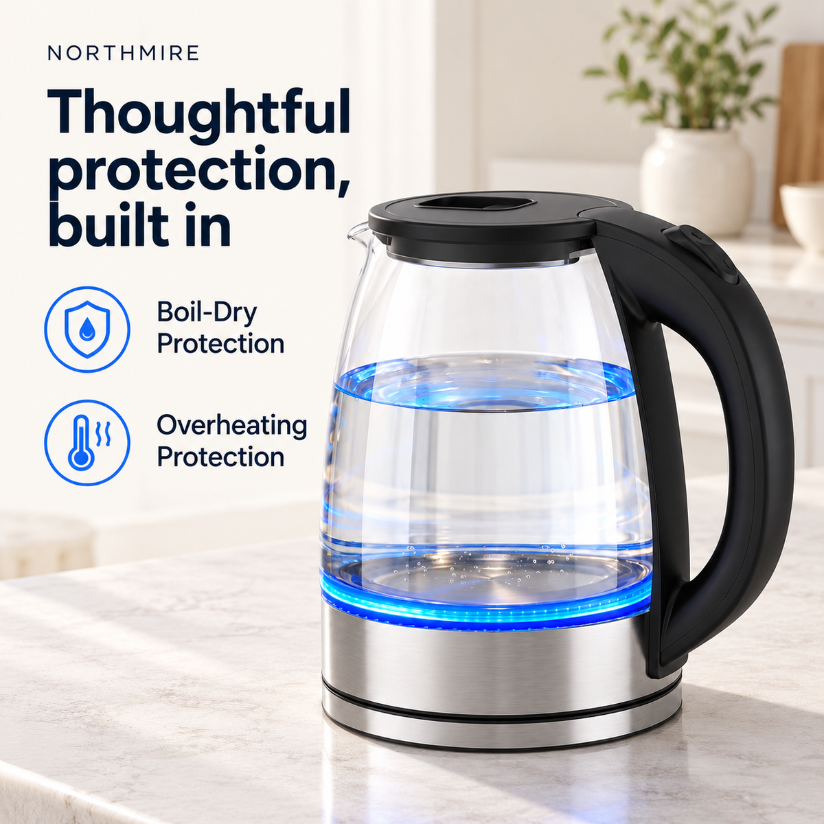 Electric kettle specification image showing boil-dry and overheating protection