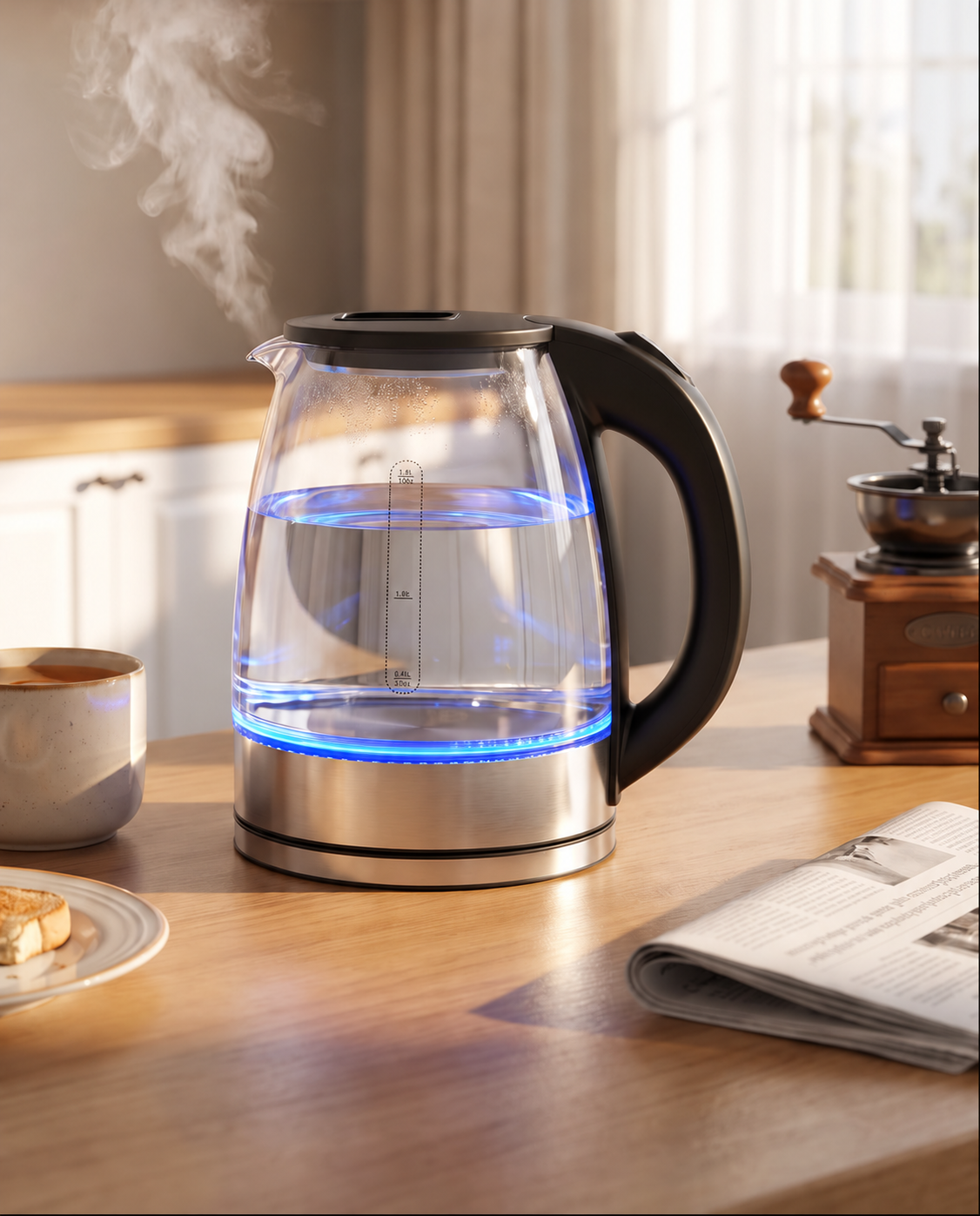 Unbranded glass electric kettle with stainless steel base in a sunlit kitchen