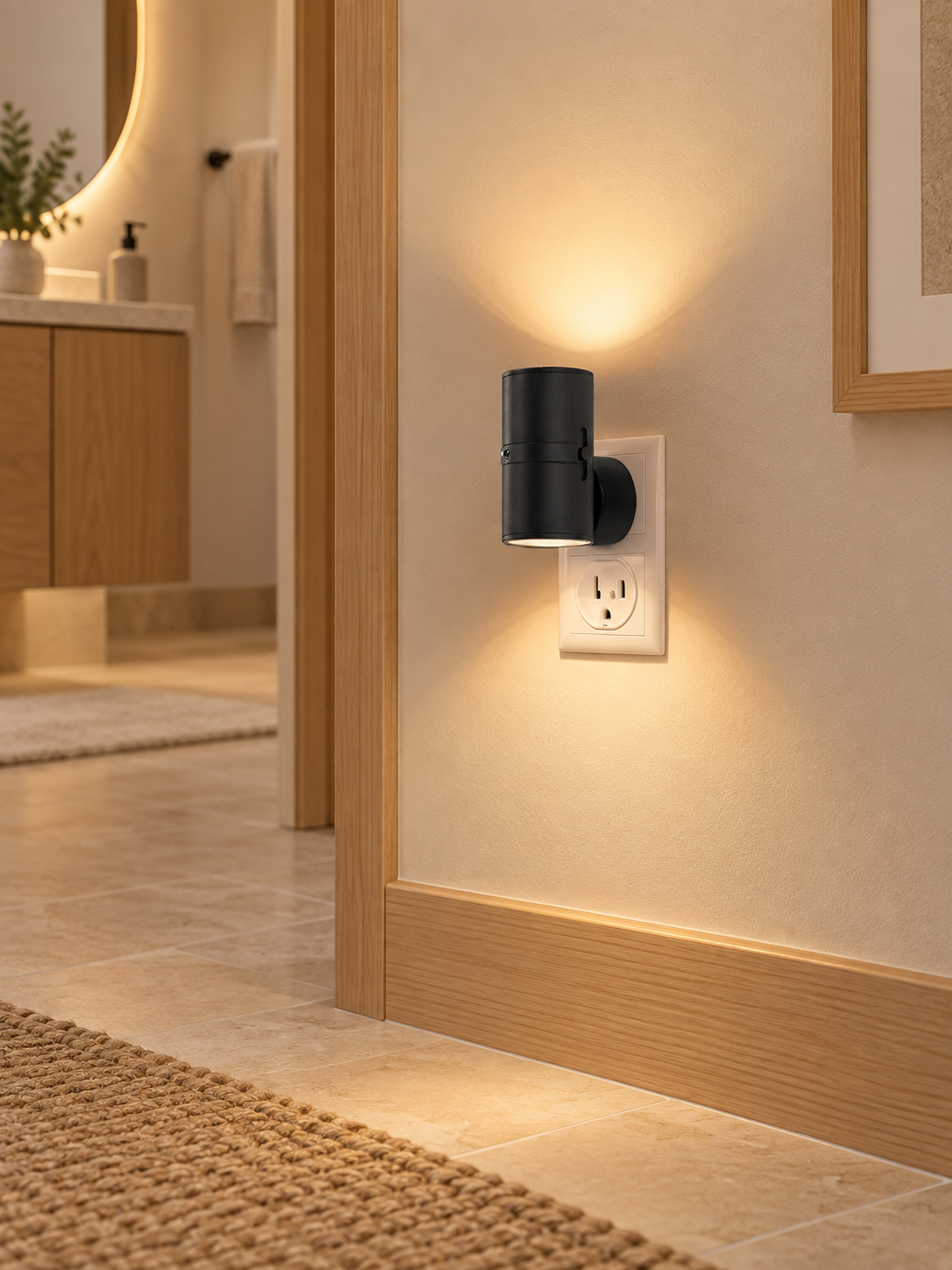 LED plug-in night light near a bathroom hallway