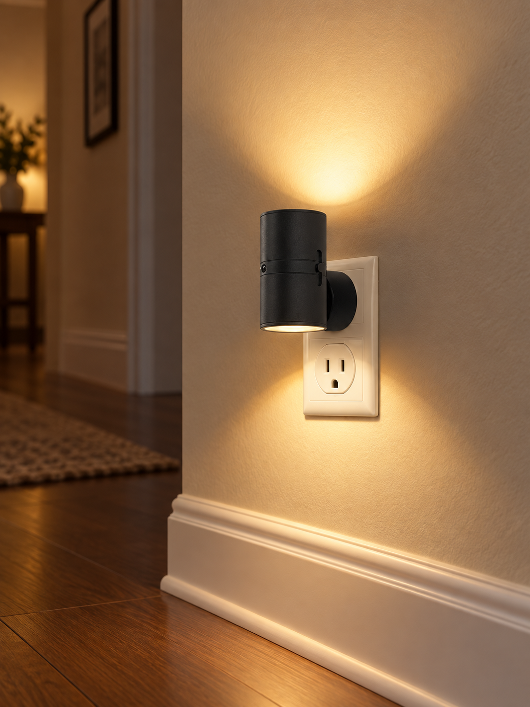 LED plug-in night light illuminating a hallway