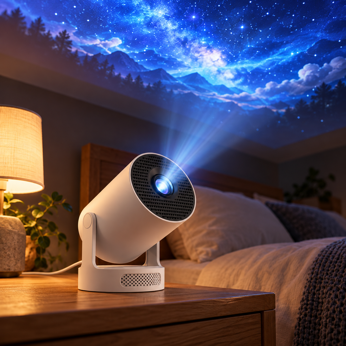 Portable mini projector angled toward a bedroom ceiling