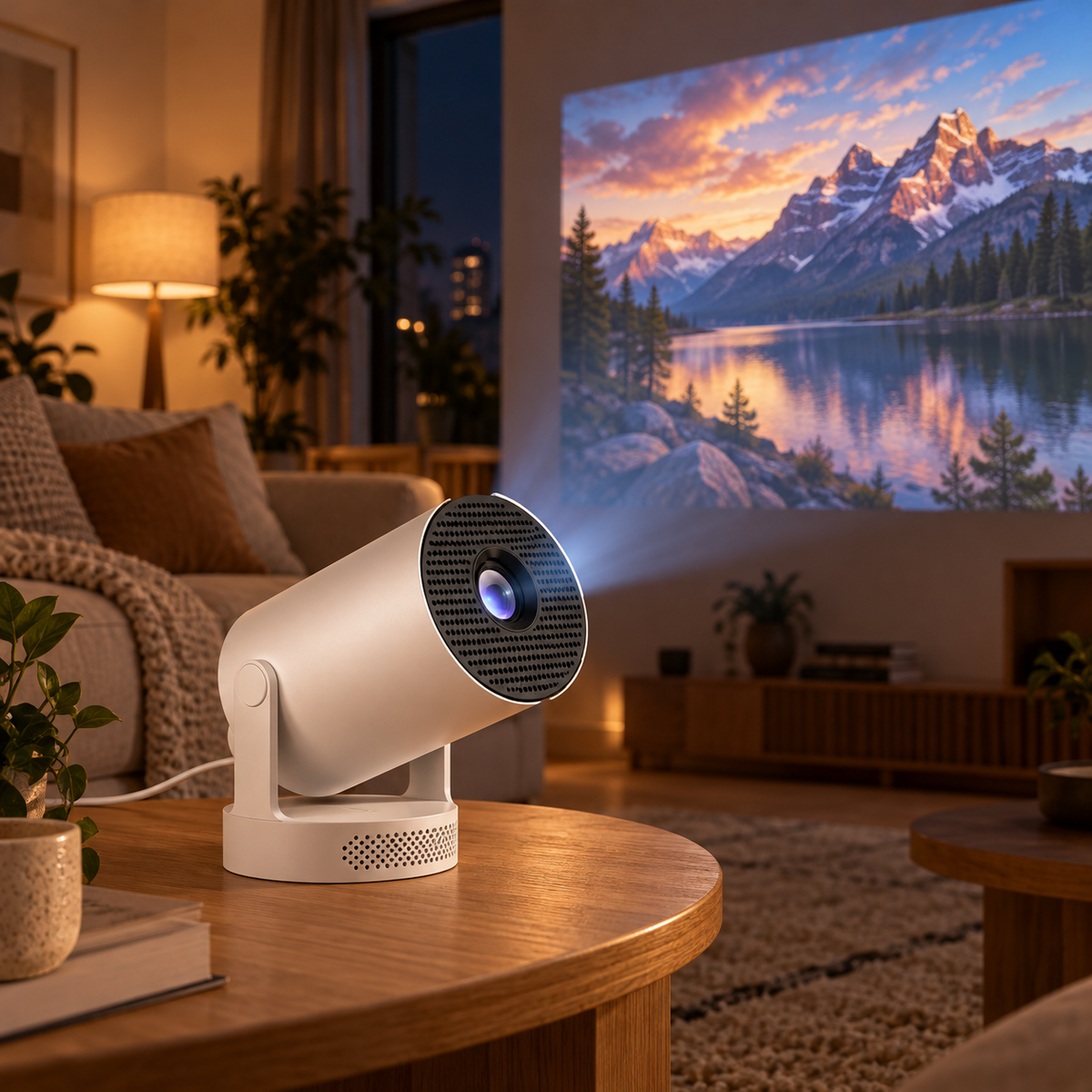 White portable mini projector in use in a cozy living room