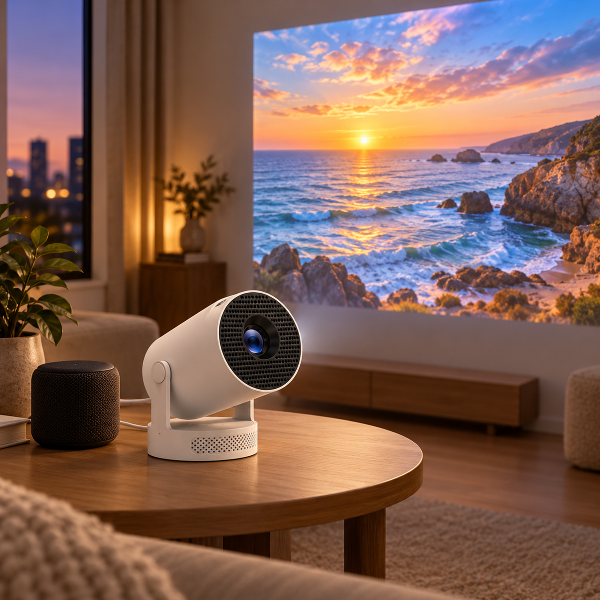 Portable mini projector beside a wireless speaker for home movie viewing