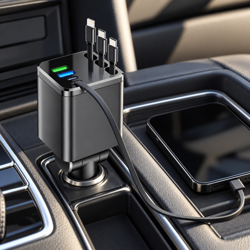 Product in use - Elough 7 In 1 Car Charger Retractable USB C To ios Cable For iPhone Samsung Car Phone Charger USB Cigarette Lighter QC Adapter