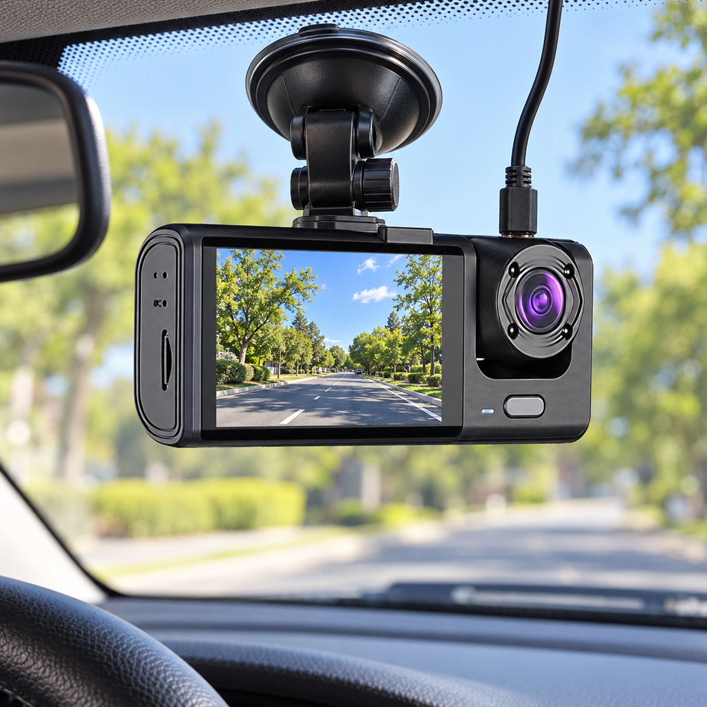 Product in use - Dash Cam W/ IR Night Vision Loop Recording & 2" IPS Screen 1080P 3 Camera ， DVR recorder, video recorder, Vehicle DVR