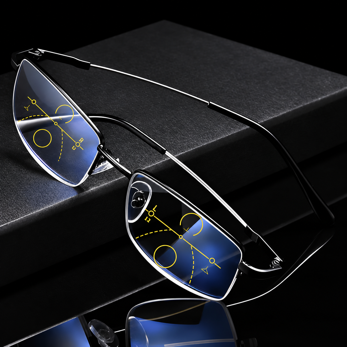 Progressive glasses frame and lens detail on a black display box