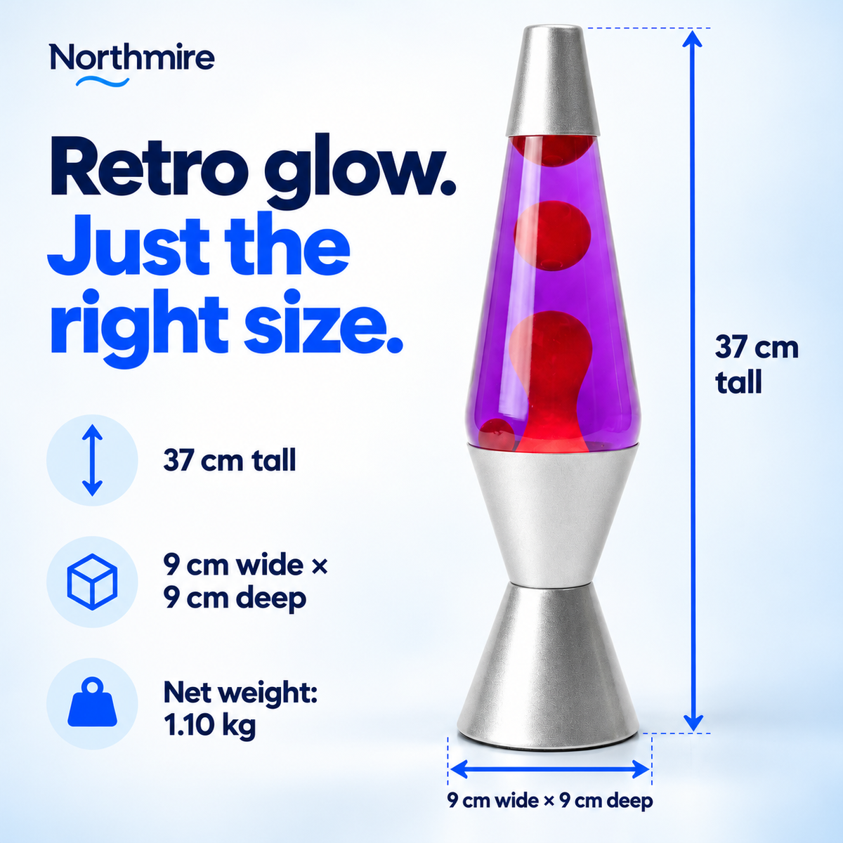 Northmire lava lamp dimensions of 37 by 9 by 9 cm and net weight of 1.10 kg