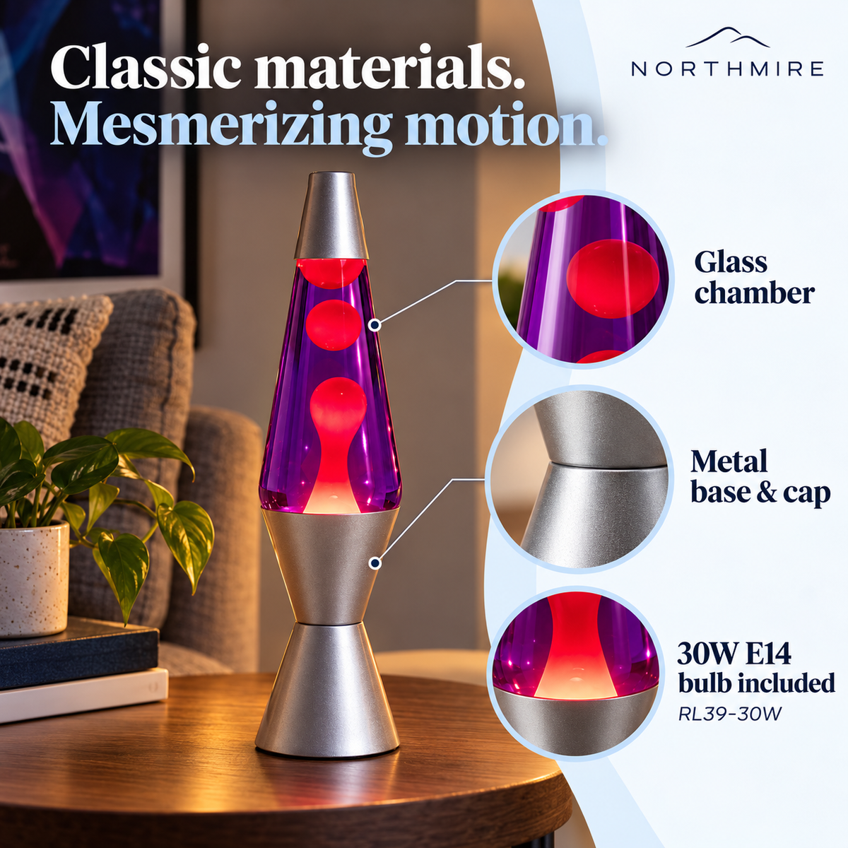 Glass and metal Northmire lava lamp with included 30W E14 bulb