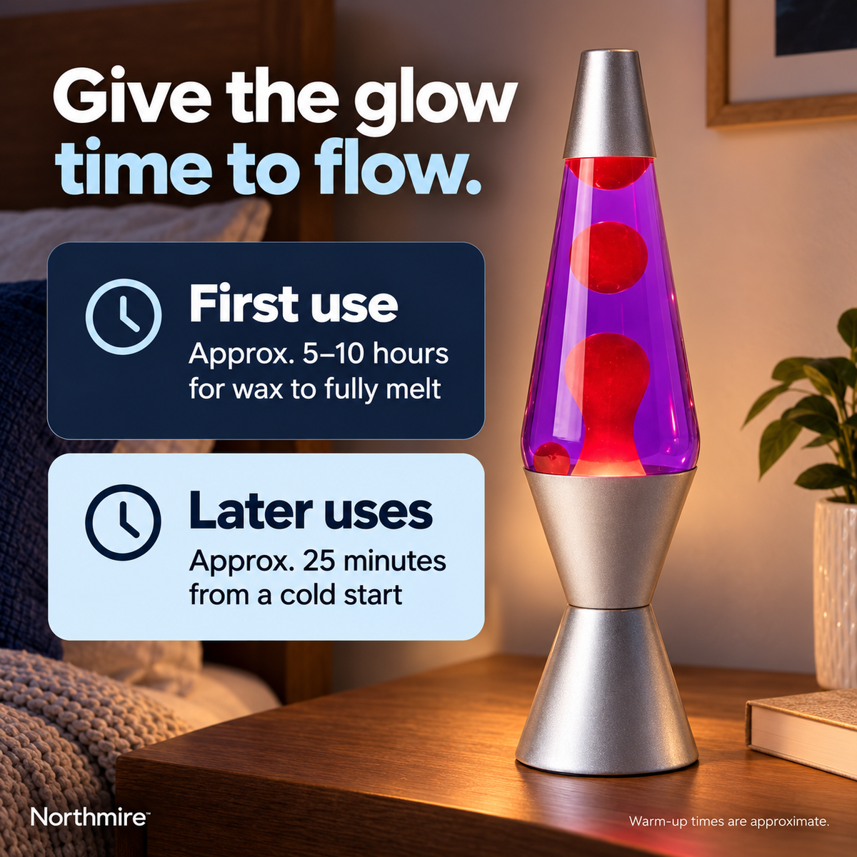 Northmire lava lamp approximate first use and later use warm up times
