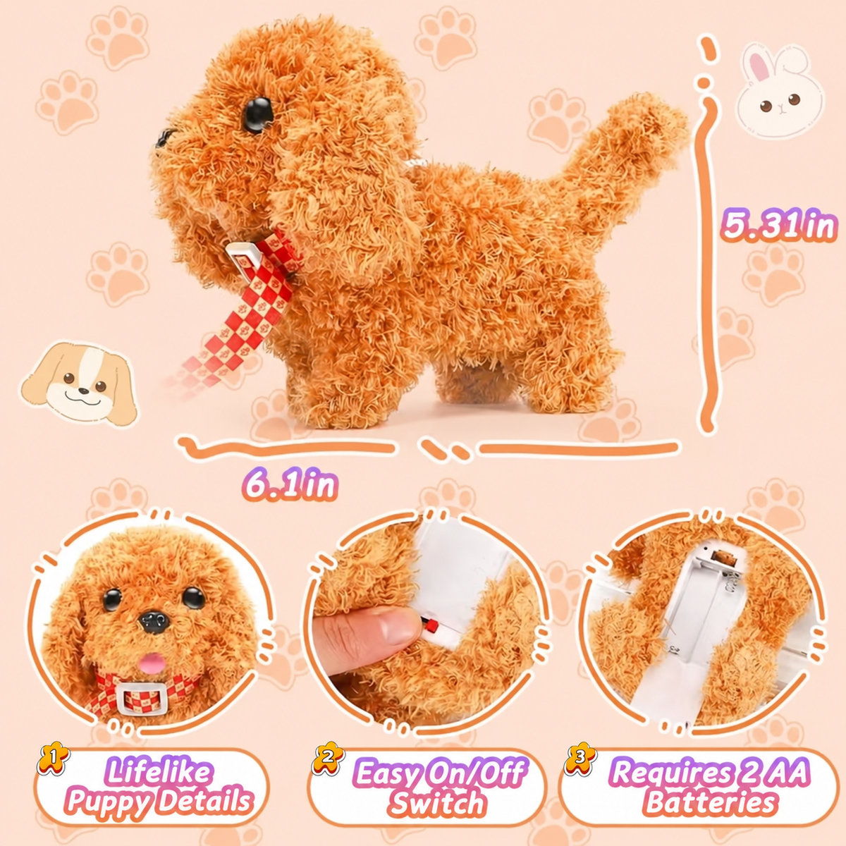Robot puppy dimensions and easy on off switch with two AA batteries required