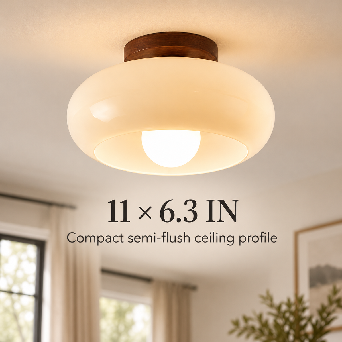 Scandinavian Opal Glass Wood Semi-Flush Mount Ceiling Light specification image 1