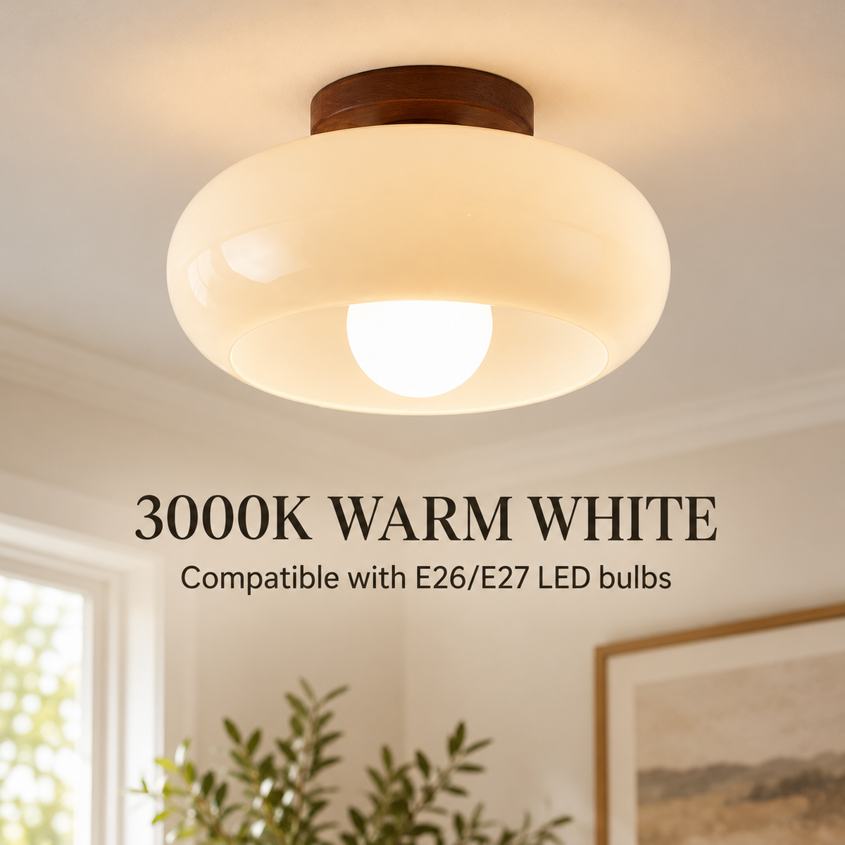 Scandinavian Opal Glass Wood Semi-Flush Mount Ceiling Light specification image 2