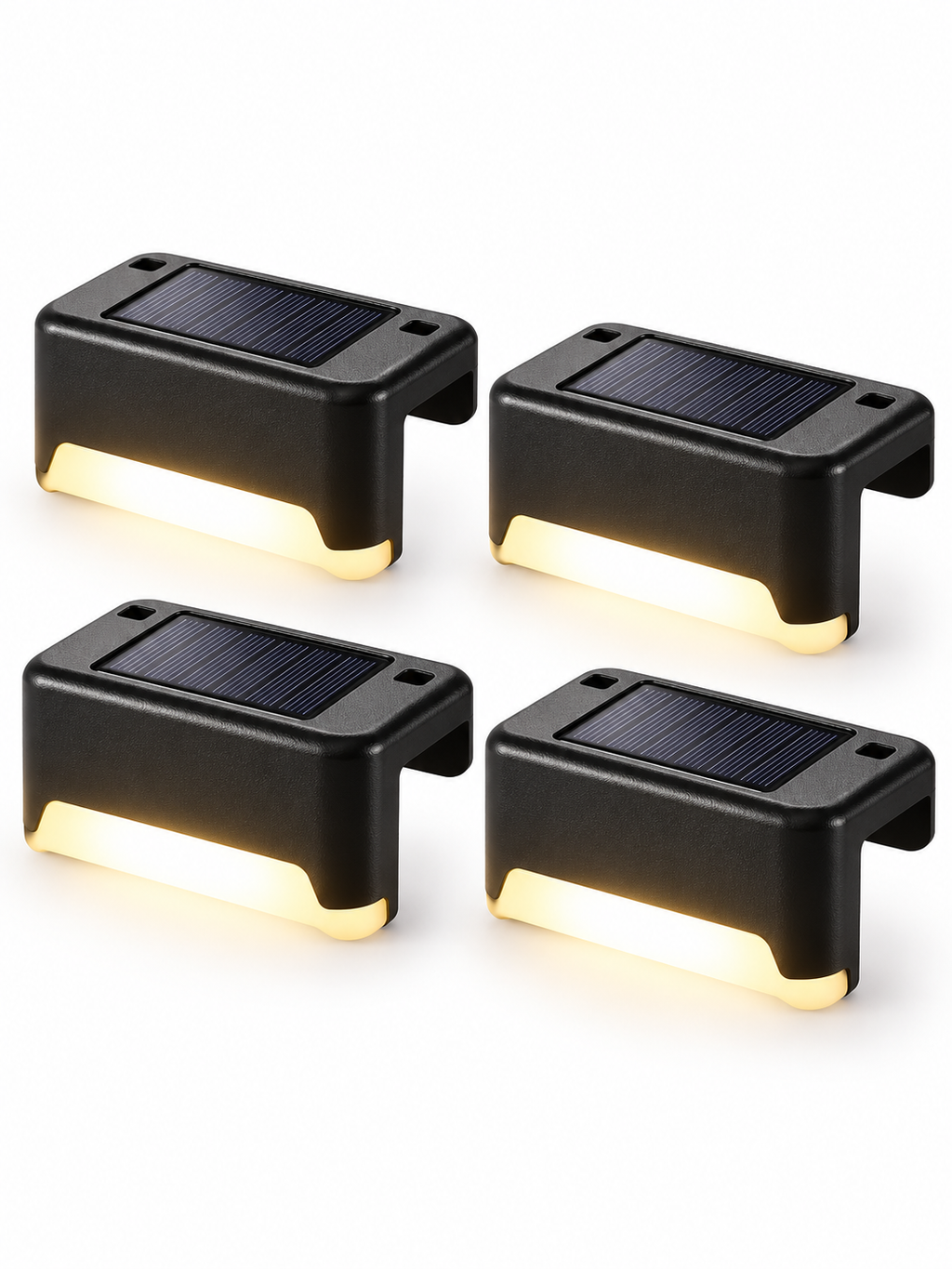 Four-pack solar patio railing lights on white background