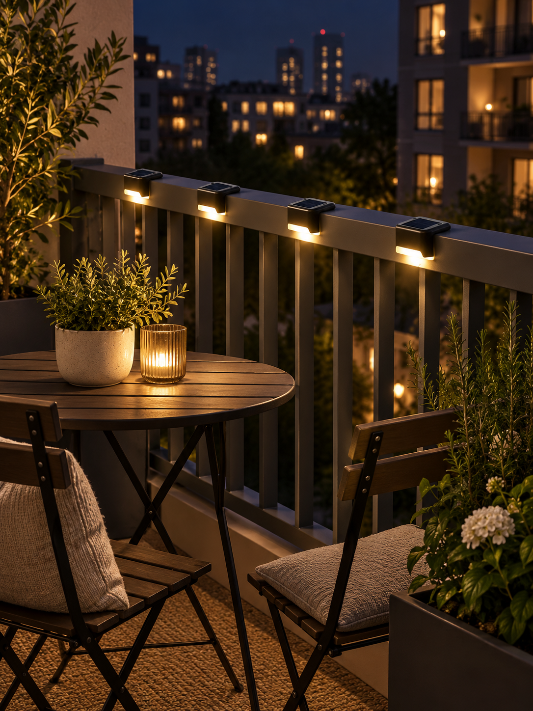 Four solar patio lights on an apartment balcony