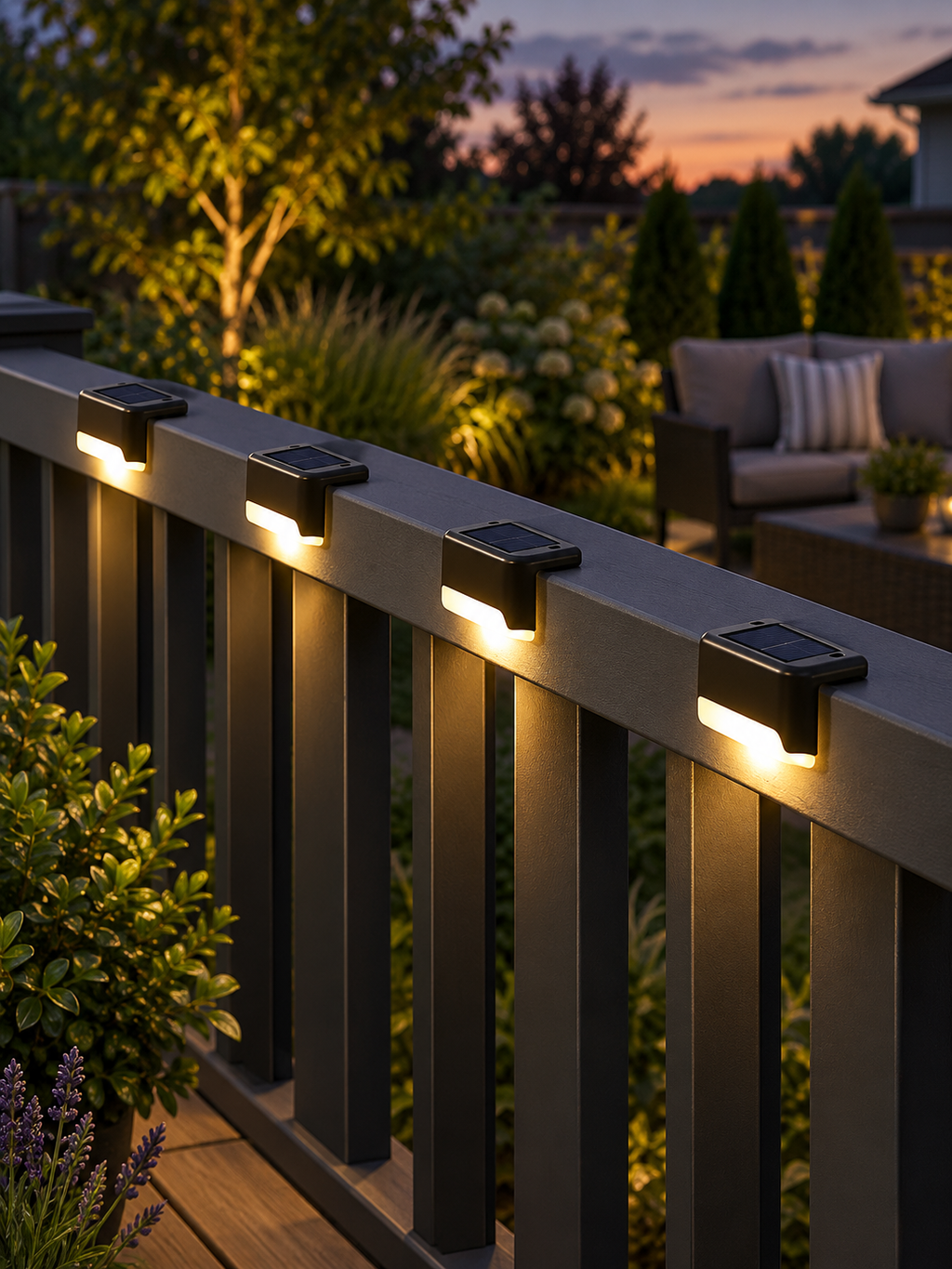 Four solar patio lights on a deck railing