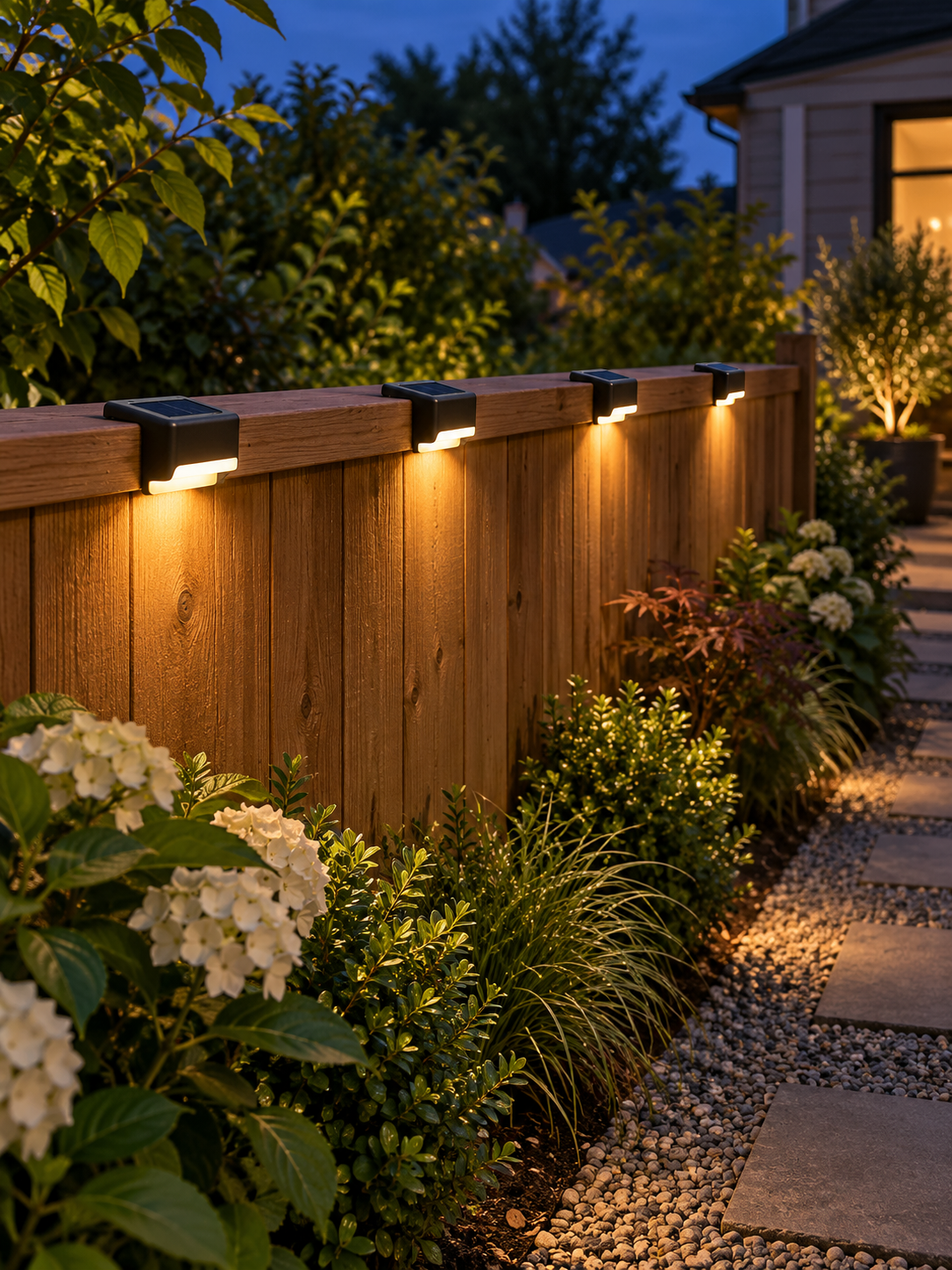 Four solar lights illuminating a garden fence