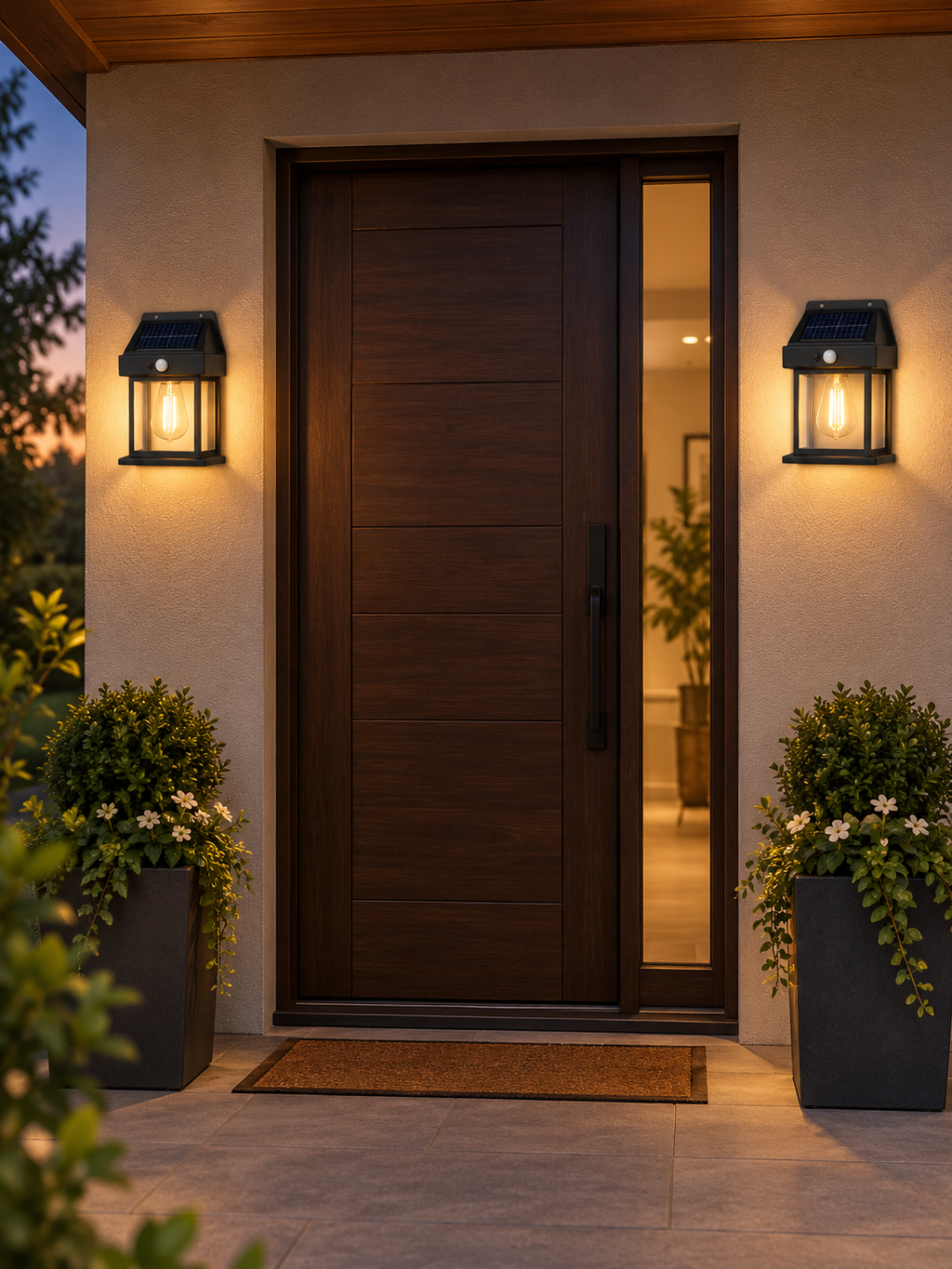 Two solar wall lanterns flanking a front door