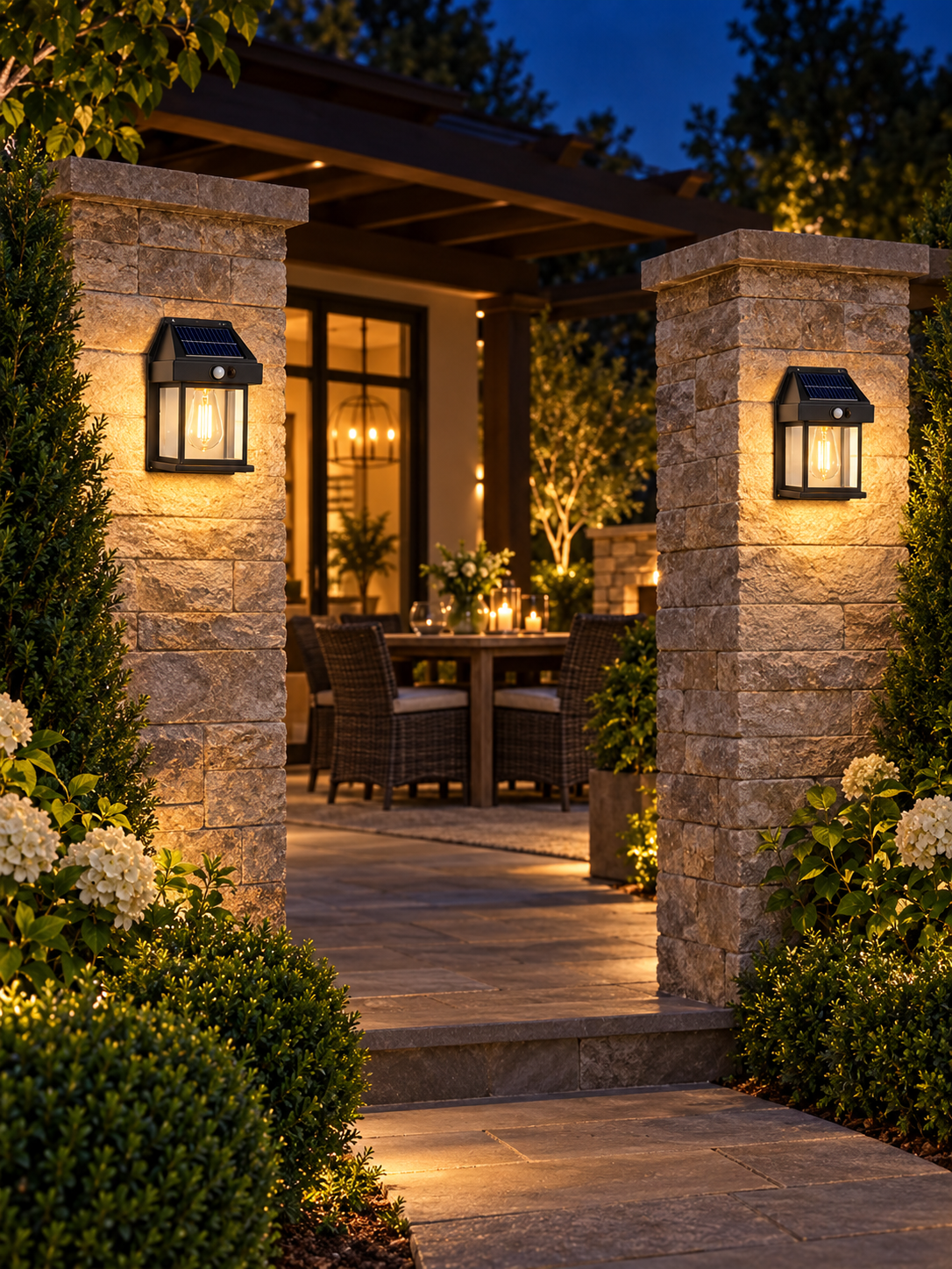 Two solar wall lanterns on patio entrance columns